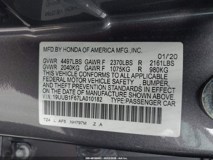 ACURA TLX 2020 VIN 19UUB1F67LA010182