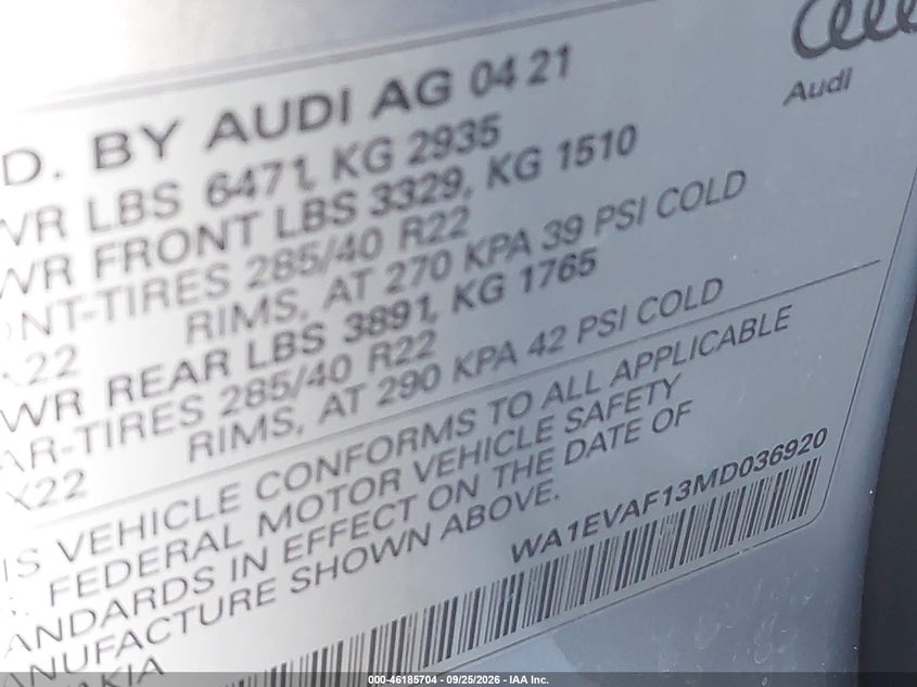 AUDI Q8 2021 VIN WA1EVAF13MD036920