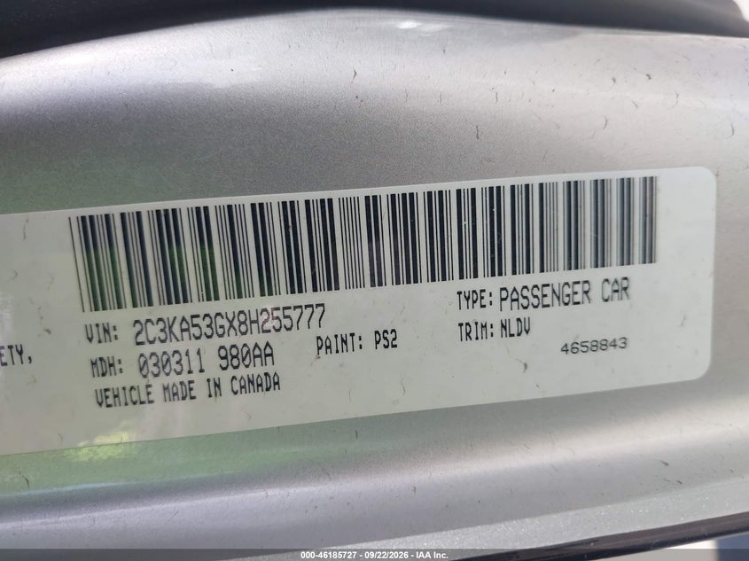 CHRYSLER 300 2008 VIN 2C3KA53GX8H255777