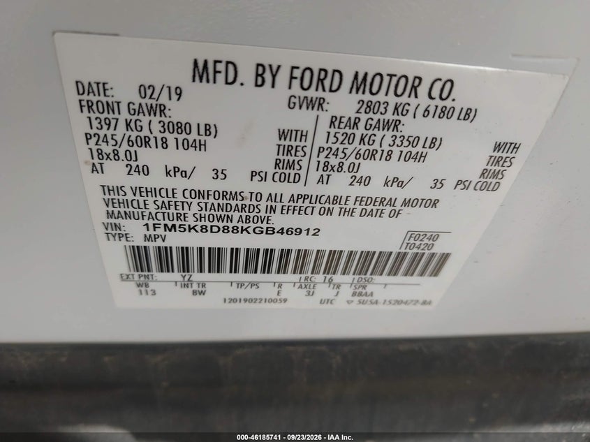 FORD EXPLORER 2019 VIN 1FM5K8D88KGB46912
