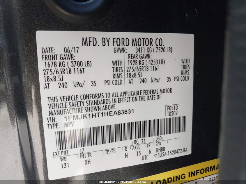 FORD EXPEDITION EL 2017 VIN 1FMJK1HT1HEA83631