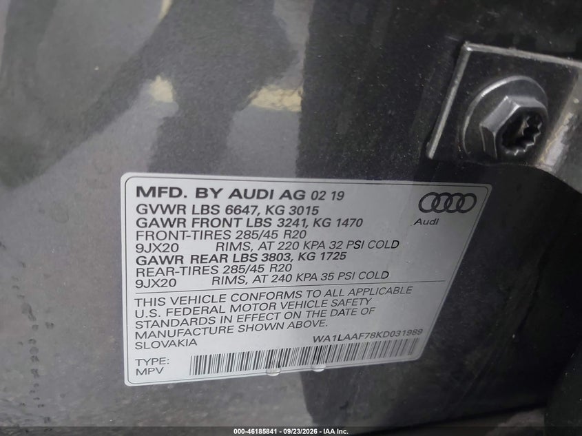 AUDI Q7 2019 VIN WA1LAAF78KD031989