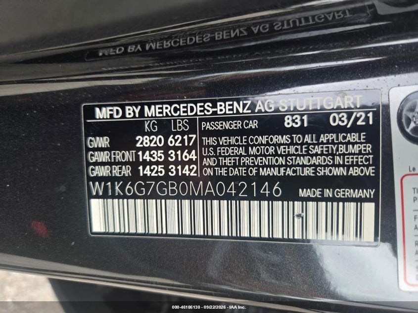 MERCEDES-BENZ S 580 2021 VIN W1K6G7GB0MA042146