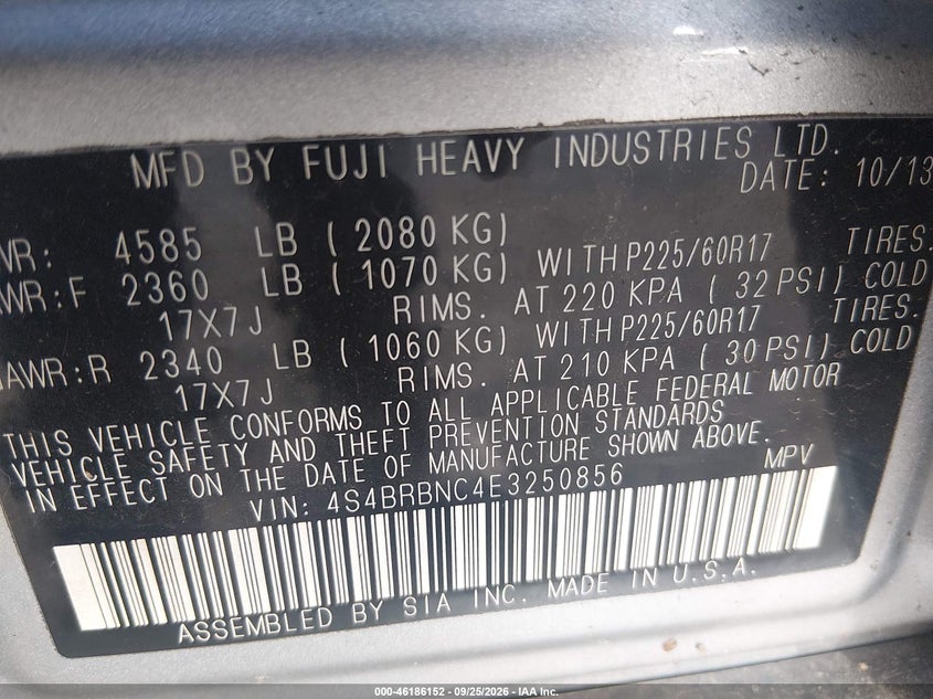 SUBARU OUTBACK 2014 VIN 4S4BRBNC4E3250856