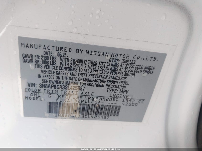 NISSAN RETROCESOS 2025 VIN 3N8AP6CA3SL425987