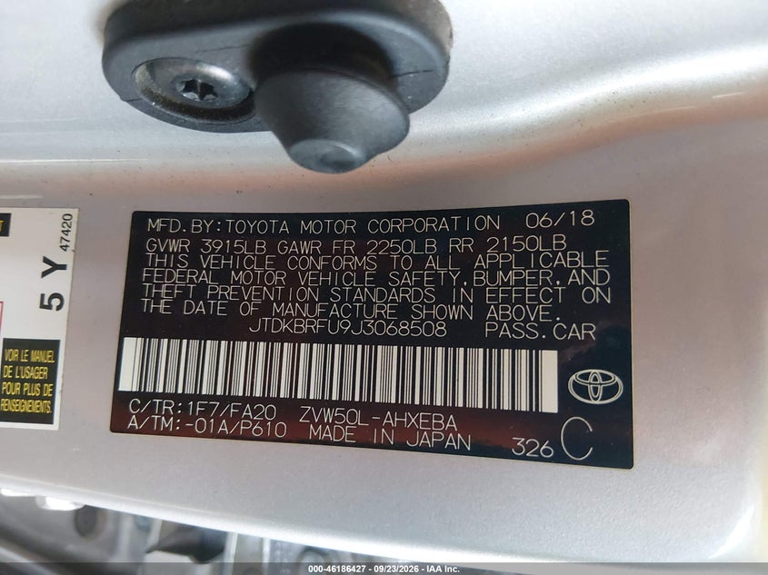 TOYOTA PRIUS 2018 VIN JTDKBRFU9J3068508