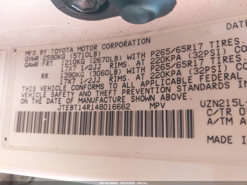 TOYOTA 4RUNNER 2004 VIN JTEBT14R148016662