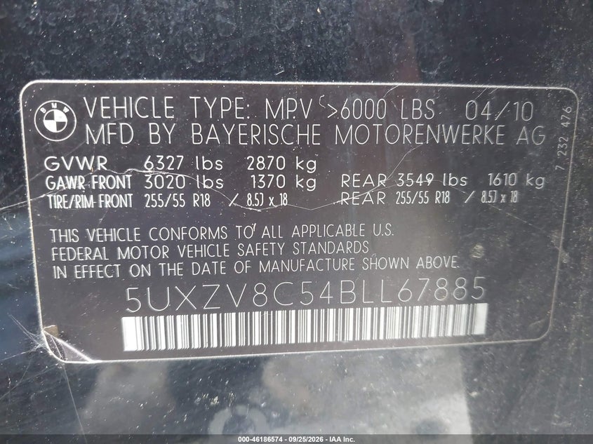 BMW X5 2011 VIN 5UXZV8C54BLL67885