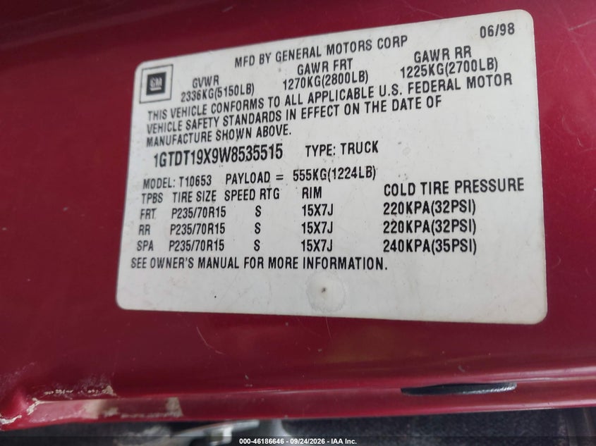 GMC SONOMA 1998 VIN 1GTDT19X9W8535515