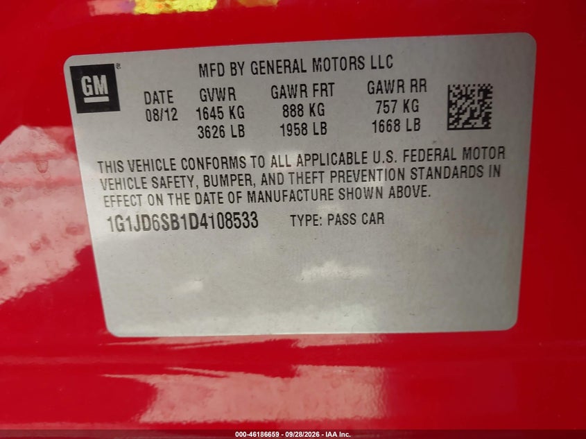 CHEVROLET SONIC 2013 VIN 1G1JD6SB1D4108533