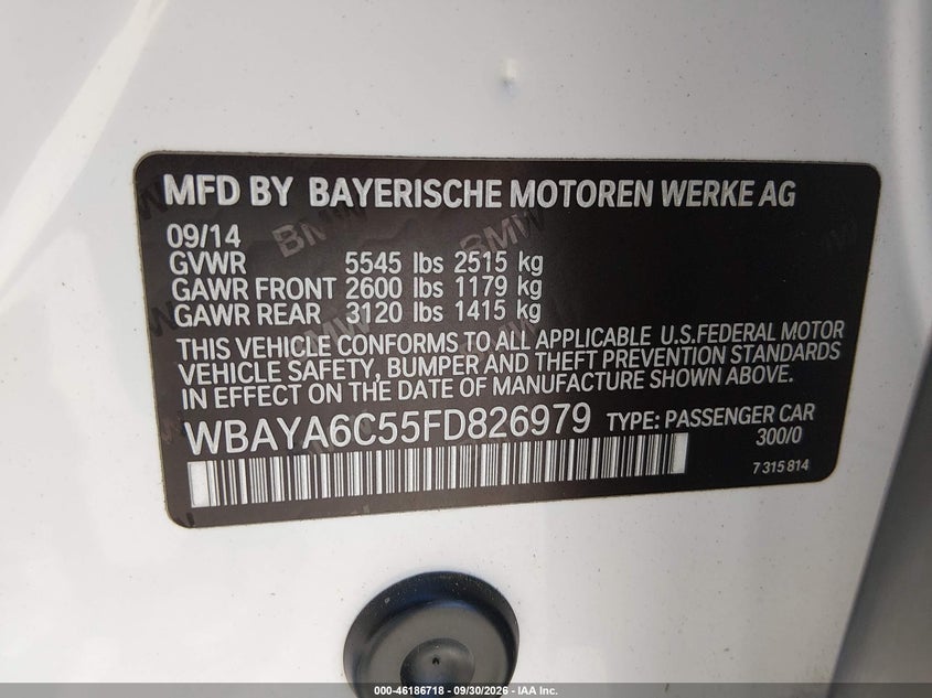 BMW 740I 2015 VIN WBAYA6C55FD826979