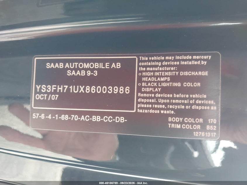 SAAB 9-3 2008 VIN YS3FH71UX86003986