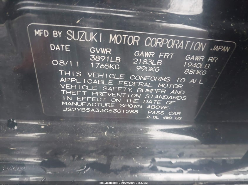 SUZUKI SX4 2012 VIN JS2YB5A33C6301288