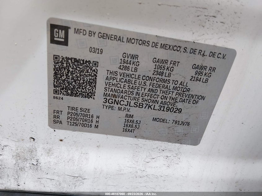 CHEVROLET TRAX 2019 VIN 3GNCJLSB7KL319029