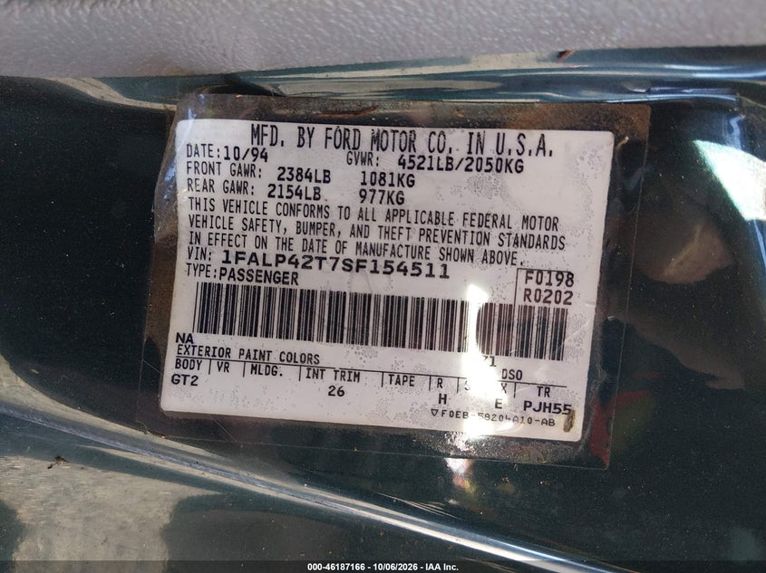 FORD MUSTANG 1995 VIN 1FALP42T7SF154511