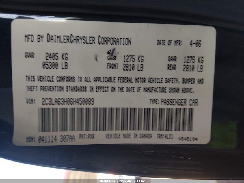 CHRYSLER 300C 2006 VIN 2C3LA63H06H450089