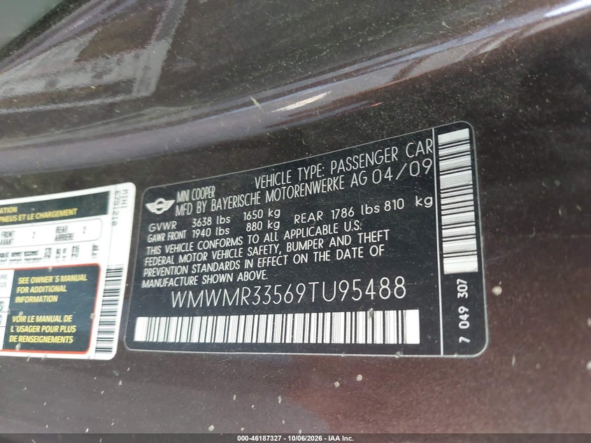 MINI COOPER 2009 VIN WMWMR33569TU95488