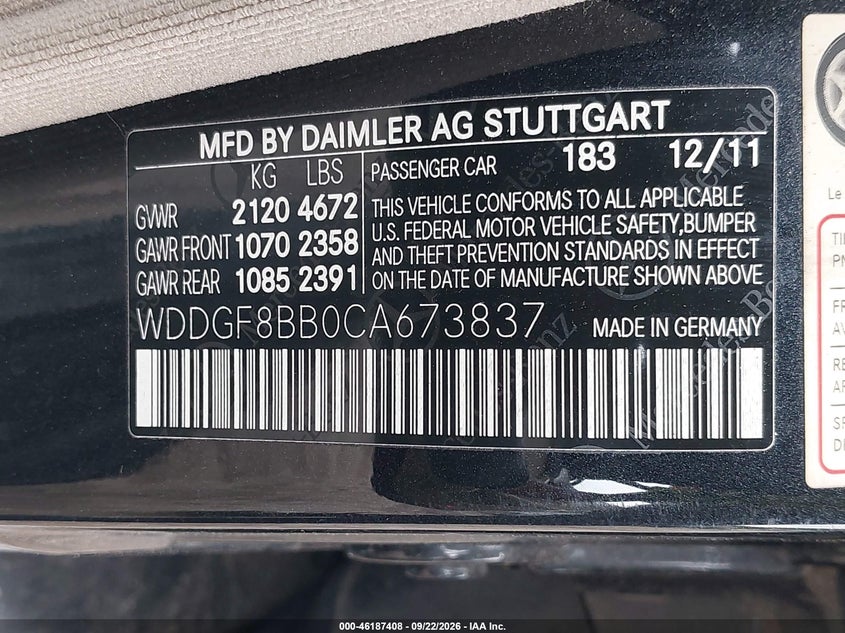 MERCEDES-BENZ C-CLASS 2012 VIN WDDGF8BB0CA673837