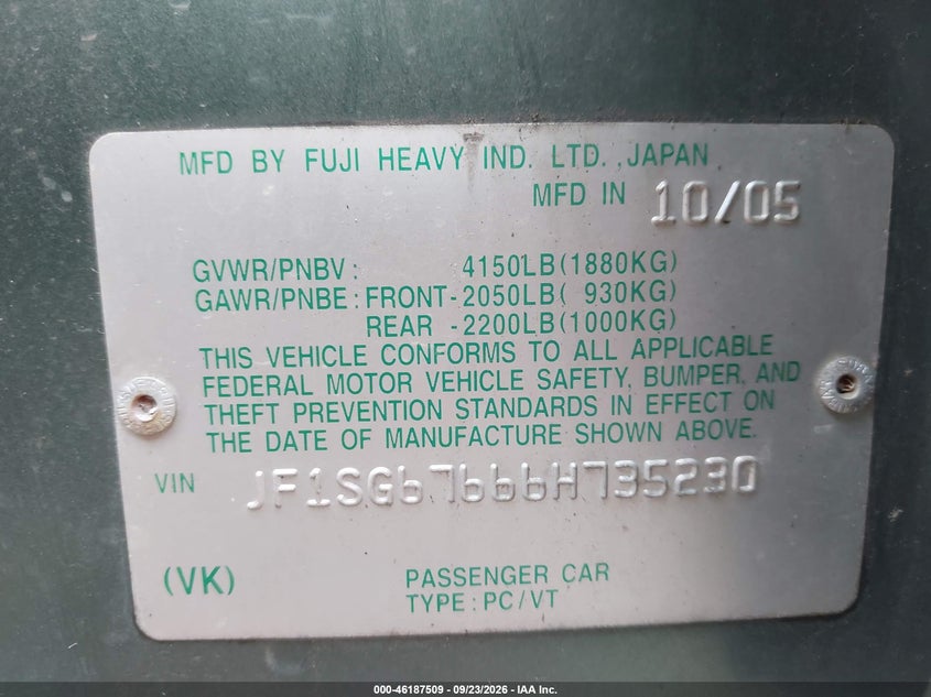 SUBARU FORESTER 2006 VIN JF1SG67666H735230