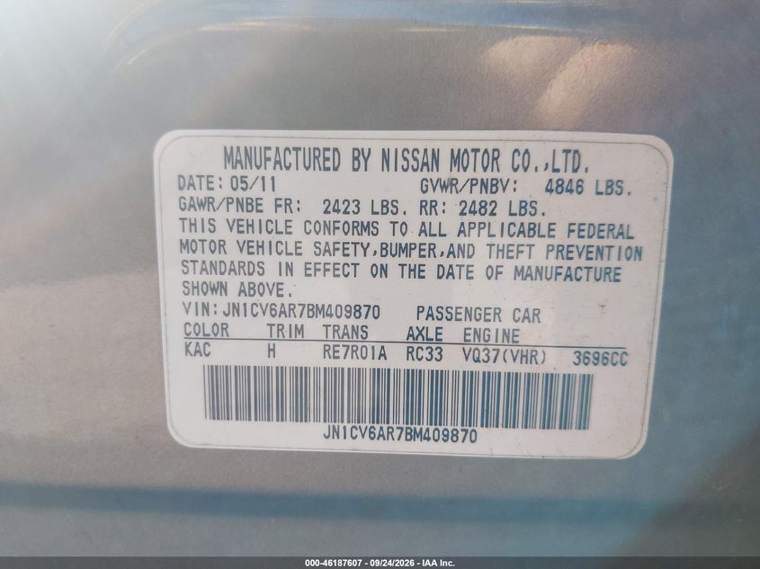 INFINITI G37X 2011 VIN JN1CV6AR7BM409870