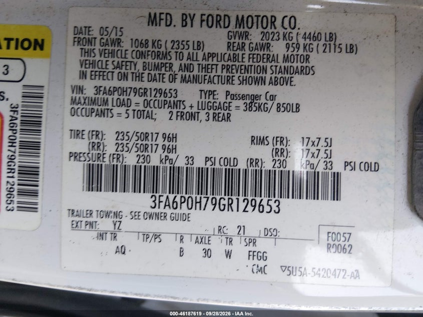 FORD FUSION 2016 VIN 3FA6P0H79GR129653