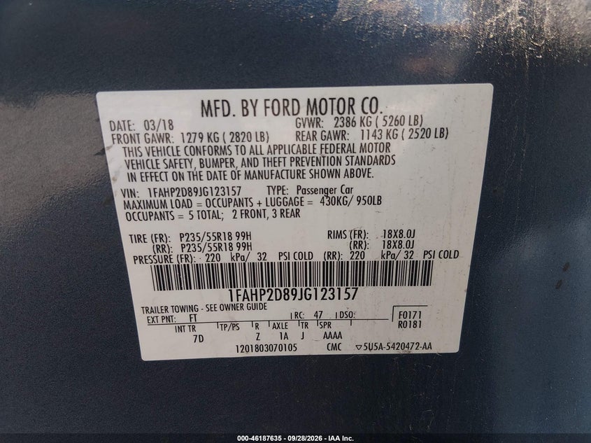 FORD TAURUS 2018 VIN 1FAHP2D89JG123157
