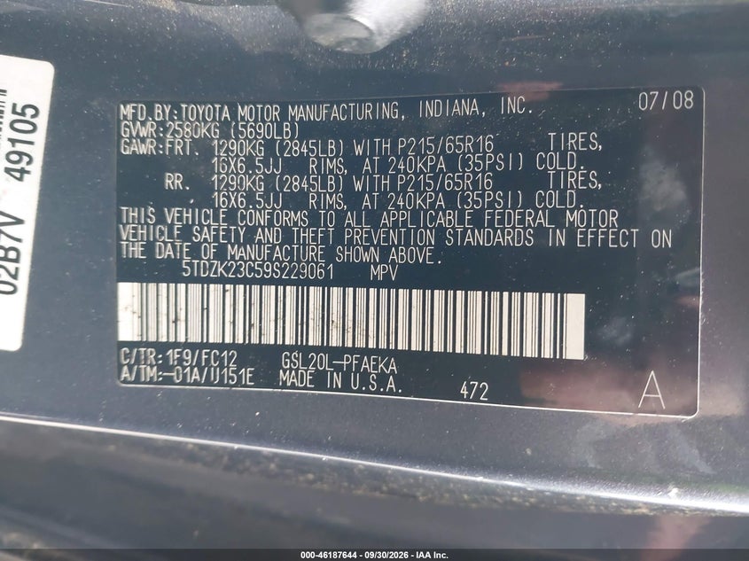 TOYOTA SIENNA 2009 VIN 5TDZK23C59S229061