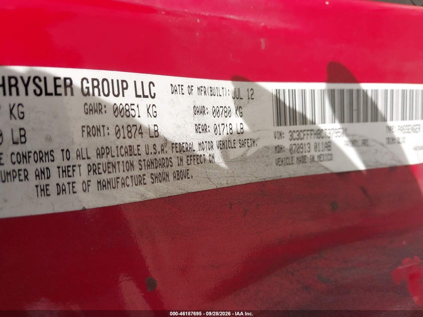 FIAT 500 2012 VIN 3C3CFFFH8CT379501