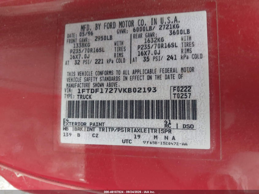 FORD F-150 1997 VIN 1FTDF1727VKB02193