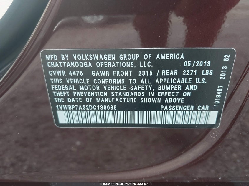 VOLKSWAGEN PASSAT 2013 VIN 1VWBP7A32DC136069