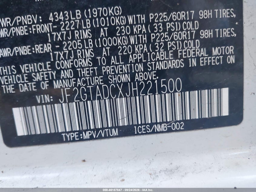 SUBARU CROSSTREK 2018 VIN JF2GTADCXJH221500