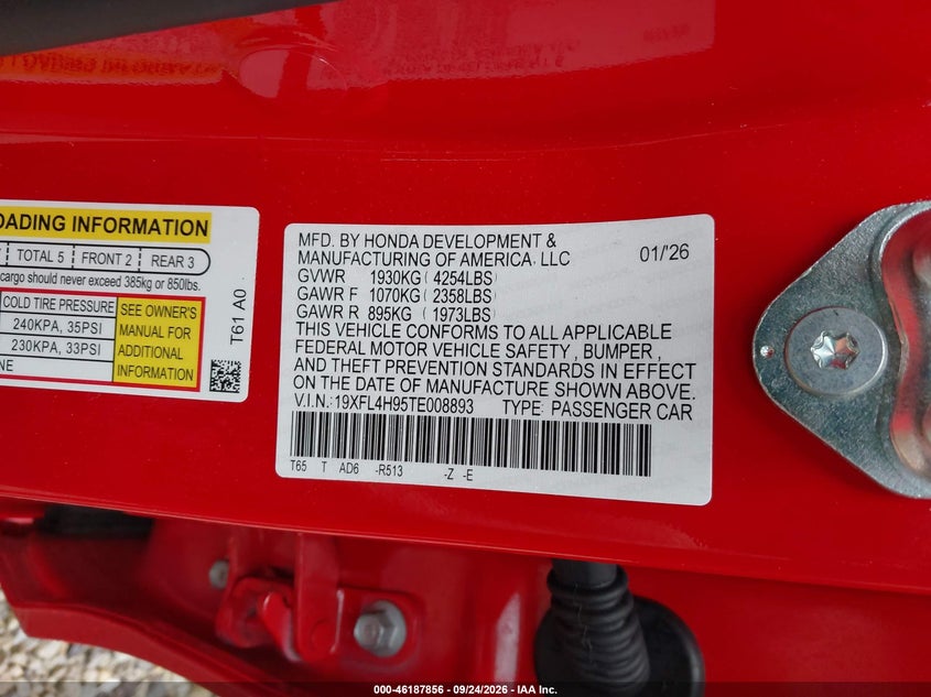 HONDA CIVIC HYBRID 2026 VIN 19XFL4H95TE008893