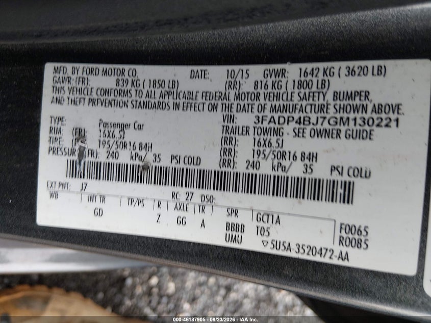 FORD FIESTA 2016 VIN 3FADP4BJ7GM130221