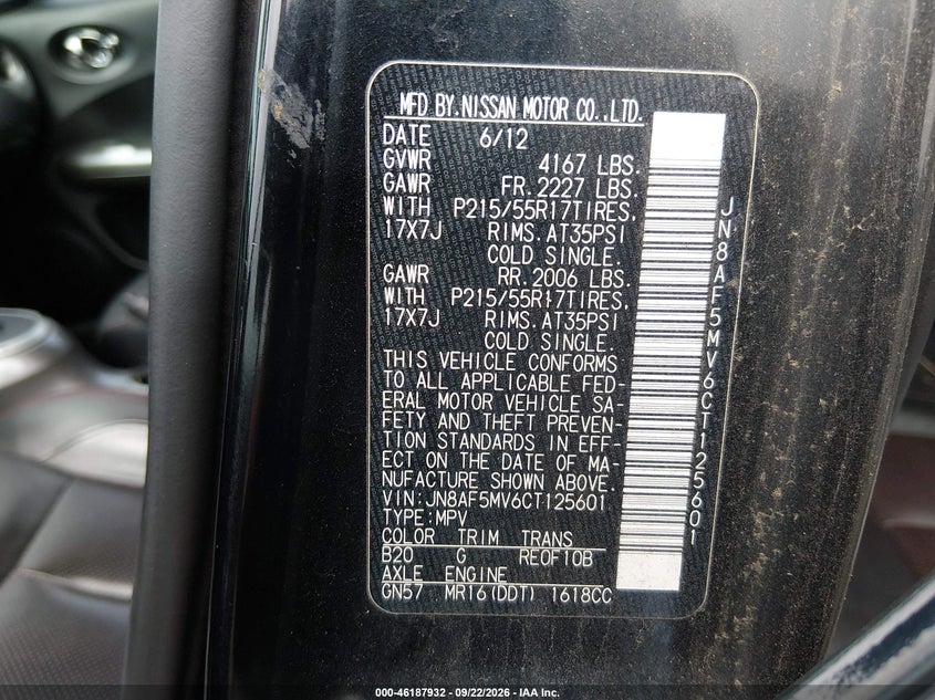 NISSAN JUKE 2012 VIN JN8AF5MV6CT125601