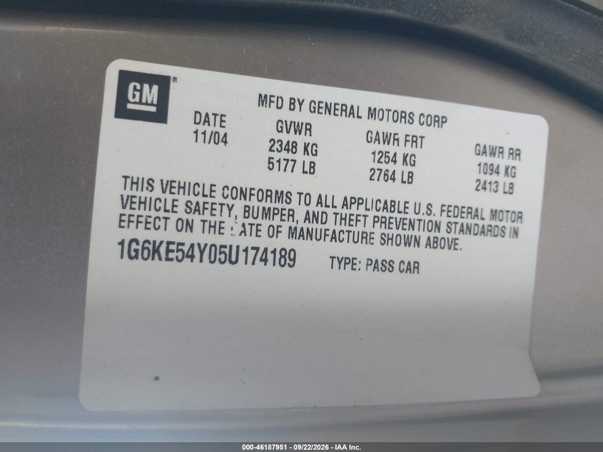 CADILLAC DEVILLE 2005 VIN 1G6KE54Y05U174189