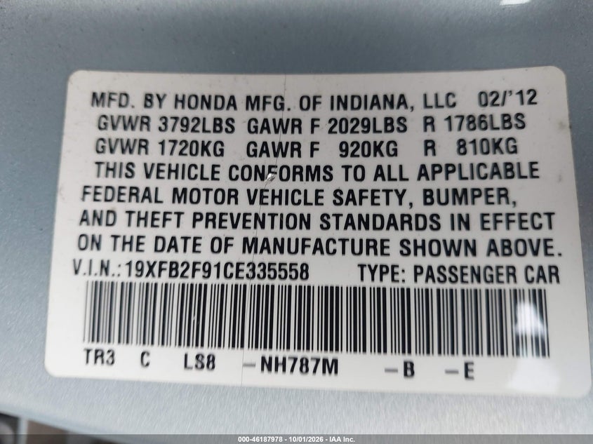 HONDA CIVIC SDN 2012 VIN 19XFB2F91CE335558