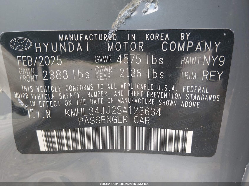 HYUNDAI SONATA HYBRID 2025 VIN KMHL34JJ2SA123634