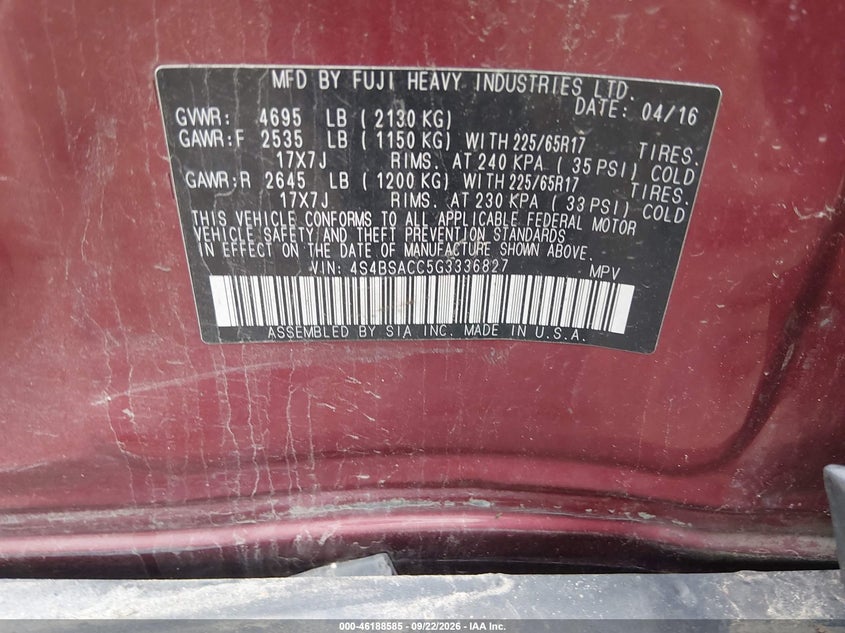 SUBARU OUTBACK 2016 VIN 4S4BSACC5G3336827