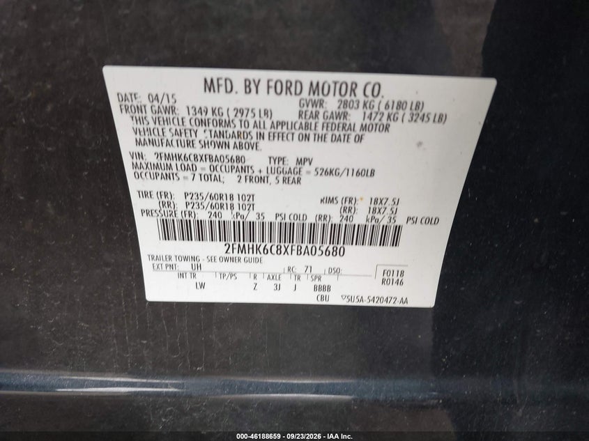 FORD FLEX 2015 VIN 2FMHK6C8XFBA05680