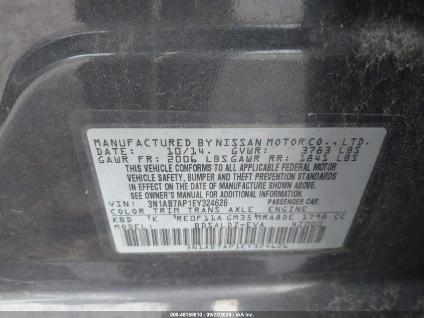 NISSAN SENTRA 2014 VIN 3N1AB7AP1EY324626