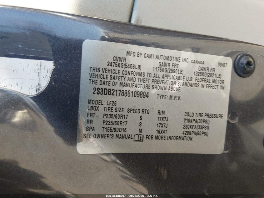 SUZUKI XL7 2008 VIN 2S3DB217886109894
