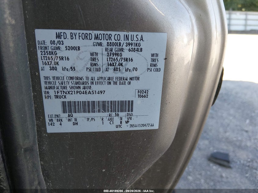 FORD F-250 2004 VIN 1FTNX21P04EA51497