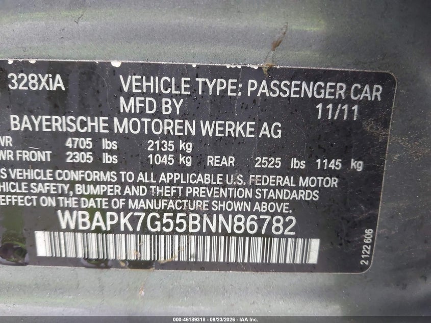 BMW 328I 2011 VIN WBAPK7G55BNN86782