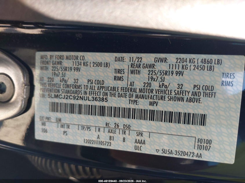 LINCOLN CORSARIO 2022 VIN 5LMCJ2C92NUL36385