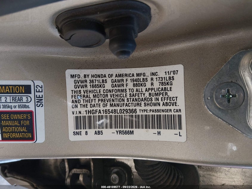 HONDA CIVIC SDN 2008 VIN 1HGFA16548L029366