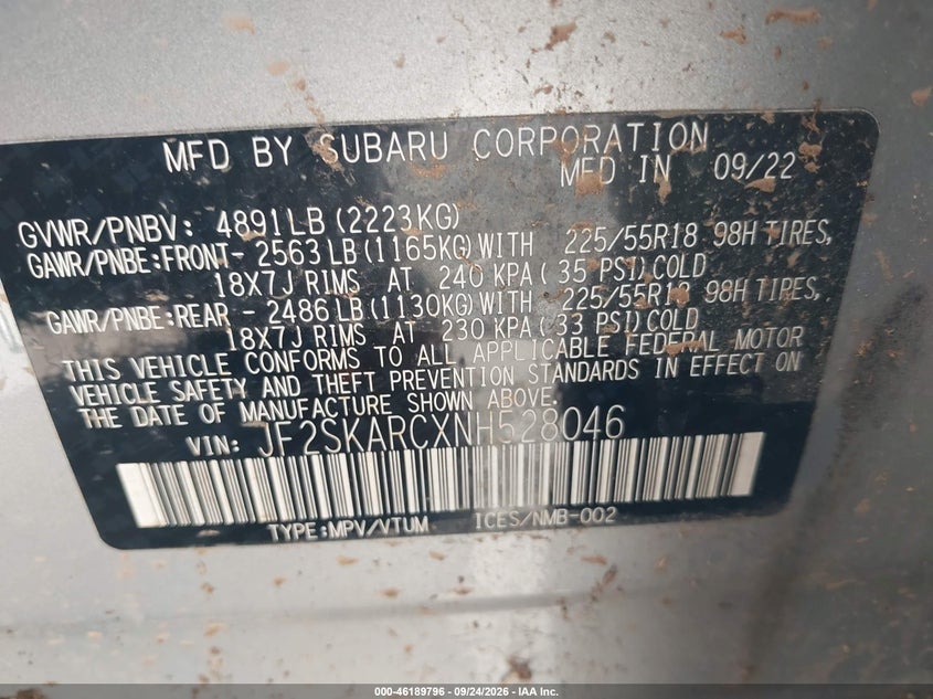SUBARU FORESTER 2022 VIN JF2SKARCXNH528046