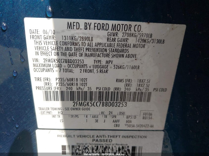 FORD FLEX 2011 VIN 2FMGK5CC7BBD03253