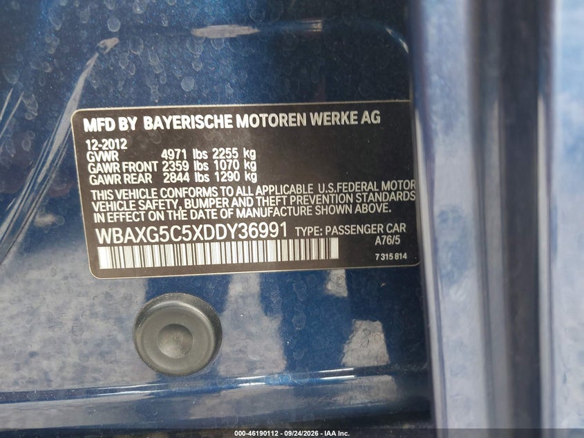 BMW 528I 2013 VIN WBAXG5C5XDDY36991