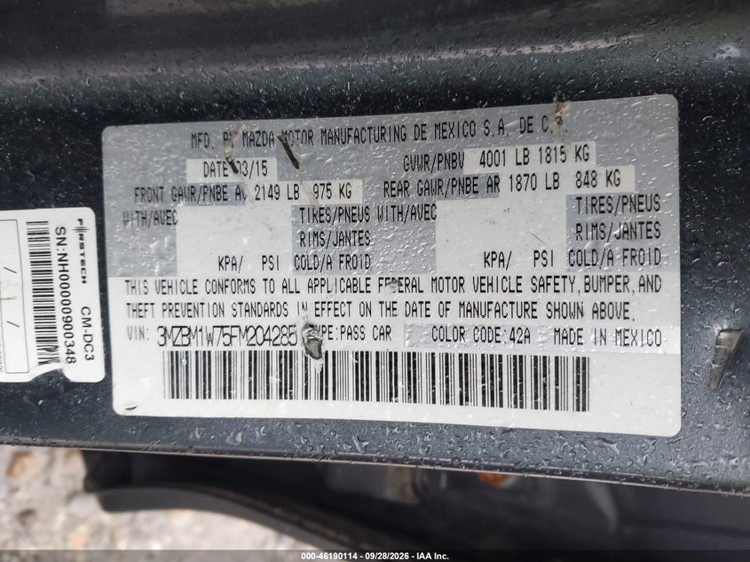 MAZDA MAZDA3 2015 VIN 3MZBM1W75FM204285