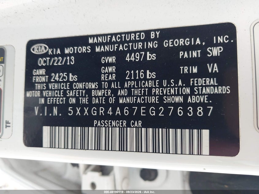 KIA OPTIMA 2014 VIN 5XXGR4A67EG276387